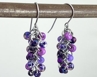 Purple Cluster Earrings - Small Beaded Dangle Earrings Colorful Multi Shades of Purple Cute Bright Earrings