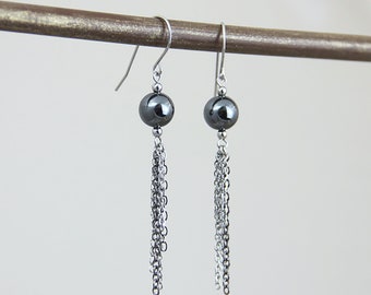 Hematite Fringe Earrings - Silver Gunmetal Gray Hematite Ball multi Chain Fringe Earrings - Neutral Mixed Metal Metallic Silver Earrings