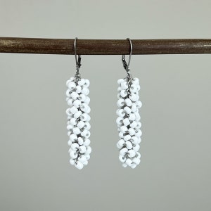 Bold White Cluster Earrings - White Beaded Cluster Stripe Playful Dangle Earrings - Big Casual Long Contrast Earrings