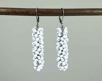 Bold White Cluster Earrings - White Beaded Cluster Stripe Playful Dangle Earrings - Big Casual Long Contrast Earrings