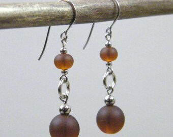 Chocolate Drop Earrings - Matte Brown Sea Glass Silver Metal Dangle Earrings - Small Simple Casual Classic Neutral