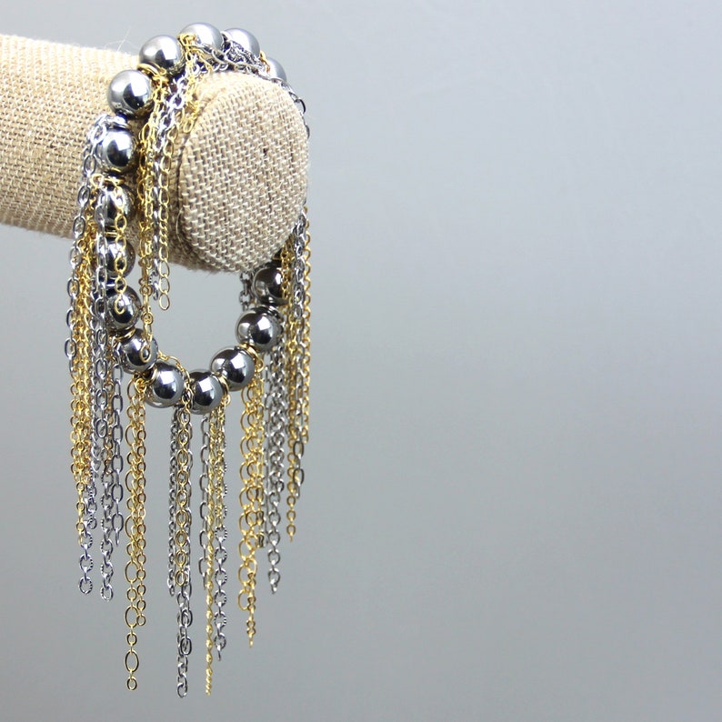 Mixed Metal Gold Fringe Beaded Silver Hematite Bracelet Multi Color Chain Fringe Gunmetal Silver 16kt Gold Plated Fringe Stretch Bracelet image 7