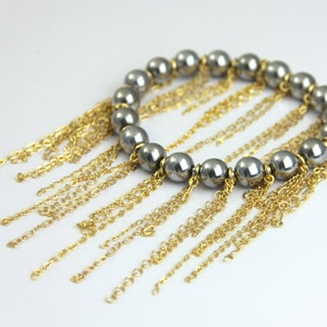 Mixed Metal Gold Fringe Beaded Silver Hematite Bracelet Multi Color Chain Fringe Gunmetal Silver 16kt Gold Plated Fringe Stretch Bracelet image 4