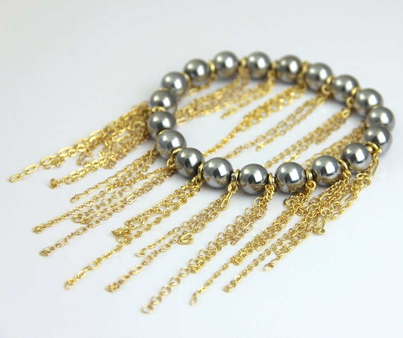 Mixed Metal Gold Fringe Beaded Silver Hematite Bracelet Multi Color Chain Fringe Gunmetal Silver 16kt Gold Plated Fringe Stretch Bracelet image 4