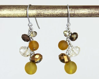 CLEARANCE - Neutral Cluster Earrings Multi Color Variegated Brown Gold Sienna Bronze Beaded Glass Crystal Small Short Cluster Dangle Simple