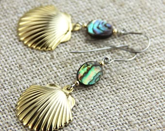 Underwater Treasure - Paua Abalone Gold Shell Earrings - Colorful Blue Teal  Mint Sea Green Golden Beach Dangle Earrings