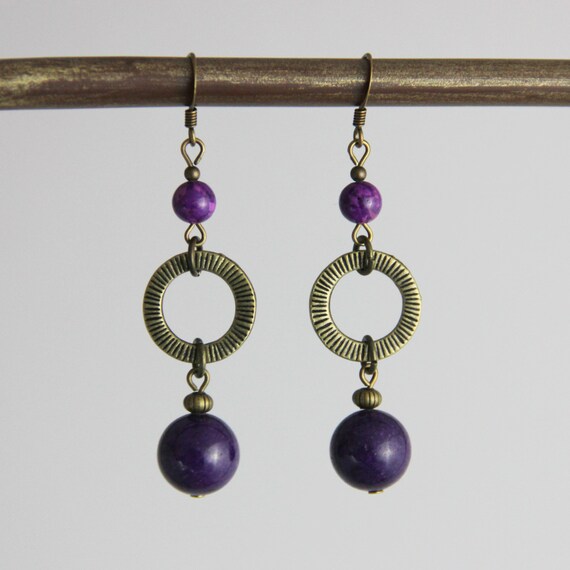 Plum Purple Drop Earrings - Purple Stone Ball Drop Antique Brass Bronze Donut Dangle Earrings - Casual Earrings