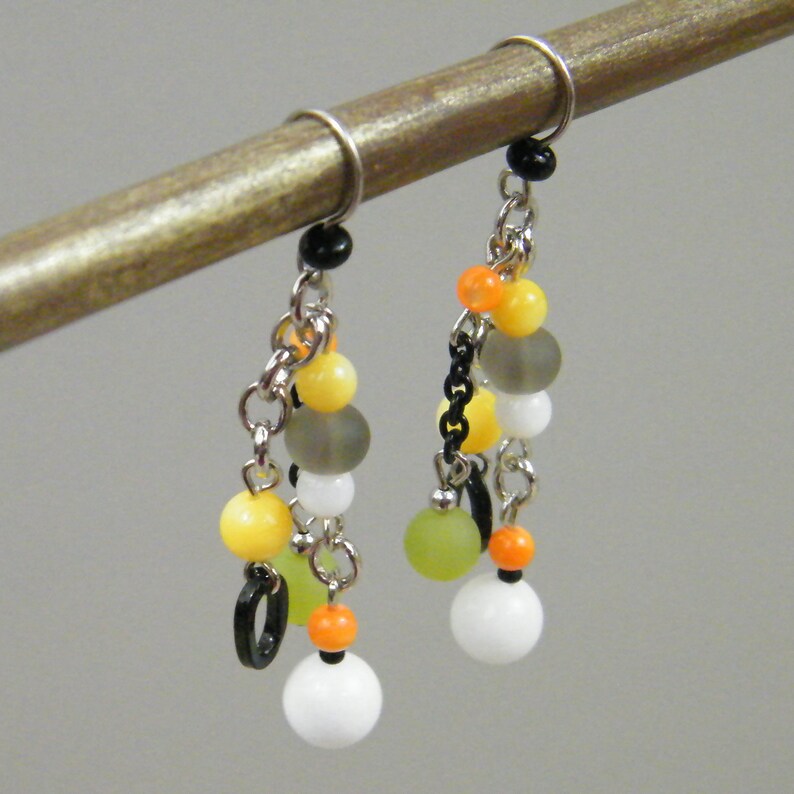 Colorful Orange Yellow Green Black White Stone Cluster Fun Modern Funky Edgy Earrings Random Citrus Drop Earrings