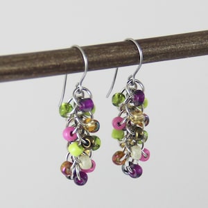 May include: A pair of dangle earrings featuring a silver chain and multi-coloured beads. The beads are in shades of purple, pink, green, yellow, and brown.