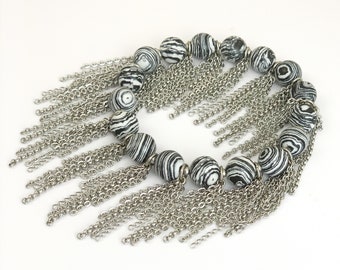 Zebra Stripe Stone Bead Midi Fringe Bracelet - Neutral White Black Stripe Marble Stone Silver Fringe Mid Length Steel Chain Stretch Bracelet