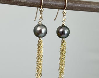 Tahitian Pearl Gold Filled Fringe Earrings - Peacock Dark Gray Pearl Ball Delicate GoldFill Chain Fringe - Neutral Gold Dangle Earrings