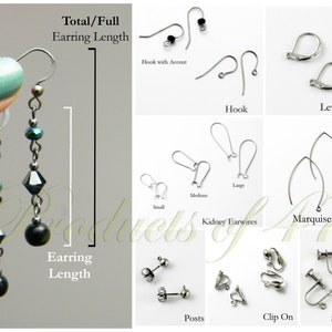 May include: A range of earring findings, including hook, leverback, kidney earwires, marquise earwire, posts, clip on, and screw on. The image also shows the total/full earring length and earring length.