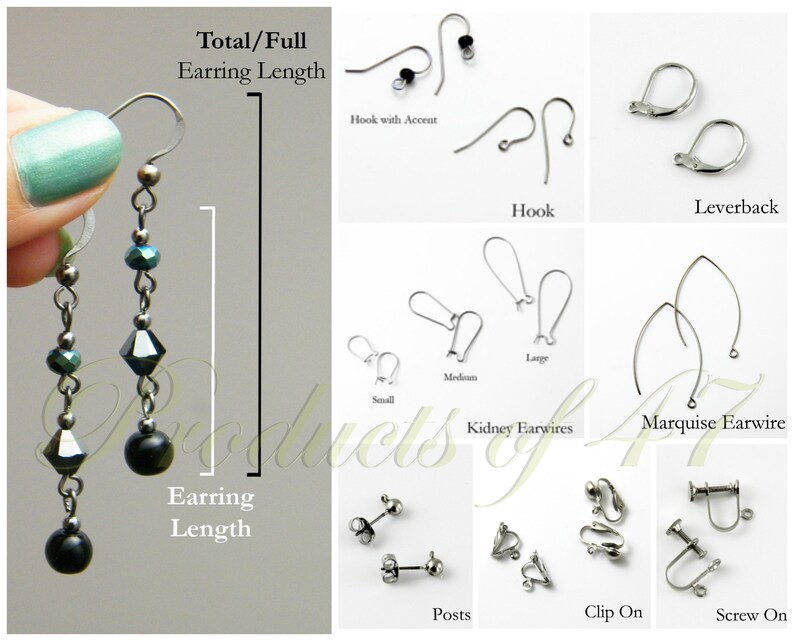 May include: A range of earring findings, including hook, leverback, kidney earwires, marquise earwire, posts, clip on, and screw on. The image also shows the total/full earring length and earring length.