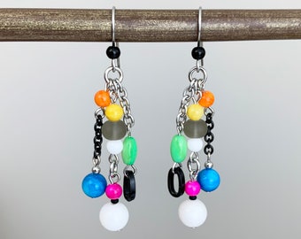 80s Party Earrings - Fun Colorful Playful 80's Orange Yellow Green Blue Pink Black White Stone Chain Cluster Funky Edgy Retro Earrings