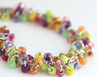 Candy Color Cluster Bracelet - Colorful Pink Lime Green Mint Purple Magenta Orange Yellow Silver Bracelet Rainbow Multi Color
