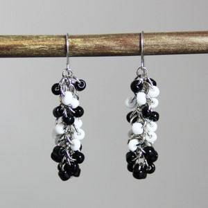 Black White Cluster Earrings - Black White Beaded Cluster Stripe Playful Dangle Earrings - Small Casual Contrast Silver Earrings