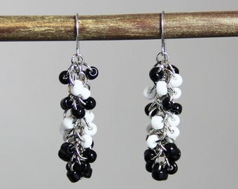 Black White Cluster Earrings - Black White Beaded Cluster Stripe Playful Dangle Earrings - Small Casual Contrast Silver Earrings