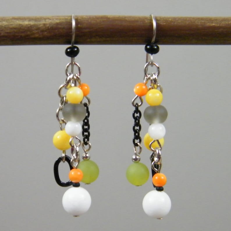 Colorful Orange Yellow Green Black White Stone Cluster Fun Modern Funky Edgy Earrings Random Citrus Drop Earrings
