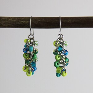 Teal Lime Cluster Earrings Small Beaded Dangle Earrings Colorful Teal Blue Turquoise Lime Green Cute Bright Earrings image 2