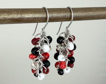 Red Black White Clusters - Cute Colorful Red Green Black White Beaded Earrings - Cluster Earrings