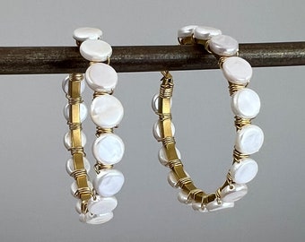 White Pearl Shell Circle Beaded Hoop Gold Filled Earrings - White Ivory Pearl Round Shell Wrapped Gold Filled Hoop Loop Earrings