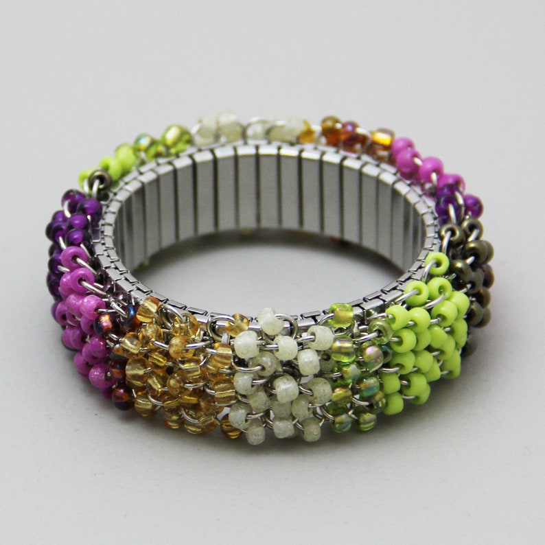 Garden Bangle Colorful Beaded Stripe Cluster Stretch Bracelet Fuchsia Pink Purple Lime Green Champagne Bronze Colorblock