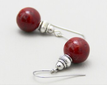 CLEARANCE - Short Red Stone Drop Earrings - Rich Deep Red Stone Silver Earrings - Classic Simple Casual Small Dangle - Purple Peach Too