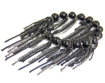 Black Out Gunmetal Black Fringe Bracelet - Multi Chain Fringe Black Beaded Metallic Gray Gunmetal Chain Stretch Bracelet Dark Neutral