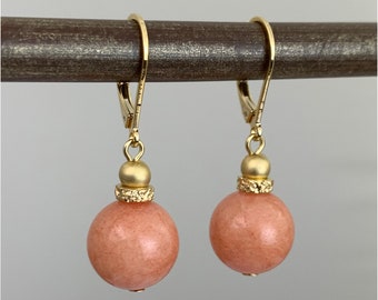 Short Peach Stone Drop Earrings - Small Peach Pink Salmon Stone Gold Earrings - Classic Simple Casual Small Dangle Earring