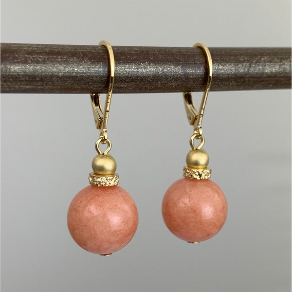 Short Peach Stone Drop Earrings - Small Peach Pink Salmon Stone Gold Earrings - Classic Simple Casual Small Dangle Earring