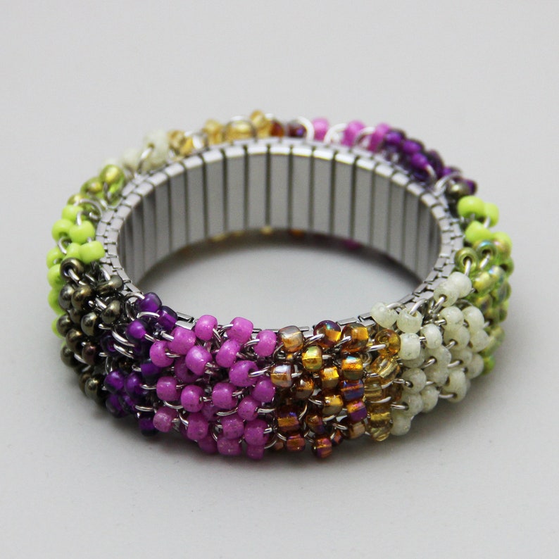 Garden Bangle Colorful Beaded Stripe Cluster Stretch Bracelet Fuchsia Pink Purple Lime Green Champagne Bronze Colorblock