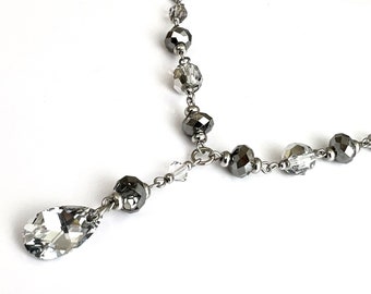 Midnight Twinkles Elegance Center Drop Necklace - Dark Gray Black Metallic Neutral Classic Sparkly Formal Necklace