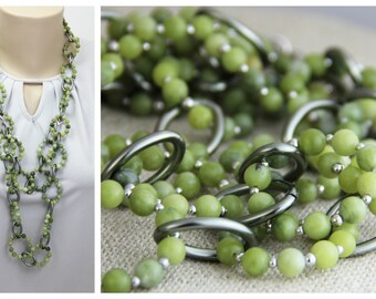 Green Serpentine Stone Beaded Statement Necklace -Long Chunky Big Stone Chain Silver Gunmetal Olive Chartreuse Moss Green