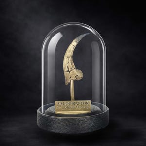 Può includere: Replica dorata di un artiglio di Velociraptor, esposta sotto una cupola di vetro. L'artiglio è montato su un supporto in ottone, con una targa che recita "Velociraptor 75-71 Million Years Ago". La base è nera e strutturata, su sfondo scuro.