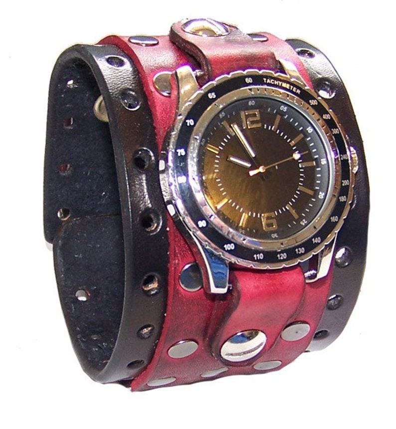 Item 051210 Red and Black Leather Watch or Wrist Cuff watch Etsy