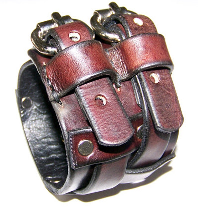 Item 122004 Double Belted Leather Wrist Cuff Bracelet Wristband