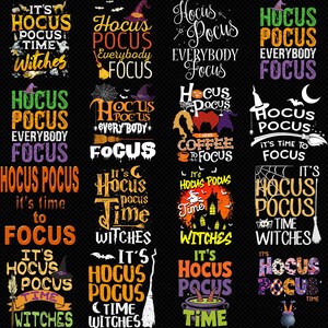 Puede incluir: Una colección de diseños gráficos con temática de Halloween con frases como "Hocus Pocus", "Time" y "Witches". Los diseños presentan sombreros de bruja, escobas y otros elementos espeluznantes en varios colores, ideales para ropa o decoración.