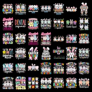 Puede incluir: Una colección de diseños coloridos con temática dental, con dientes de dibujos animados y conejos. El texto incluye "Dental Squad", "Easter Squad" y "Hoppy to Clean Your Teeth". Adecuado para ropa y accesorios.