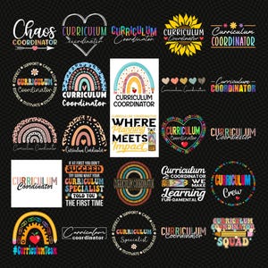 Puede incluir: Una colección de diseños gráficos coloridos con el texto "Curriculum Coordinator" en varias fuentes y estilos. Los diseños incluyen arcoíris, corazones y citas inspiradoras. Los diseños están sobre un fondo negro.