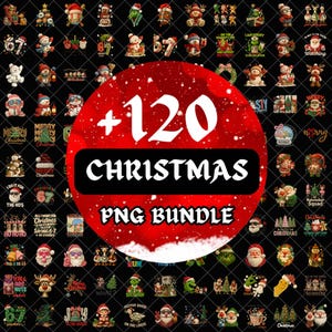 Puede incluir: Una colección de más de 120 imágenes PNG con temática navideña. Las imágenes incluyen a Papá Noel, muñecos de nieve, árboles de Navidad y texto festivo. El texto incluye "Christmas" y "PNG Bundle" sobre un fondo rojo.