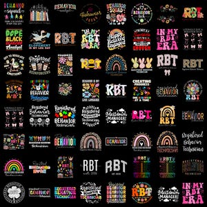 May include: A selection of colourful graphic designs on a black background. The designs feature text such as "Behavior Squad," "RBT," and "Registered Behavior Technician," along with various illustrations and decorative elements.