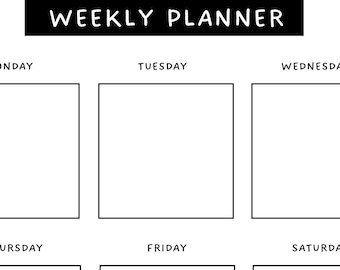 以下が含まれることがあります： ToDoリスト、メモ欄、曜日ごとのスペースを備えた白黒の週間プランナー。プランナーの上部には「WEEKLY PLANNER」、下部には「KEEP GOING!」のテキストがあります。