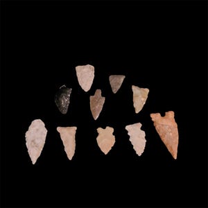 May include: A collection of ten ancient arrowheads in various shapes and sizes, displayed against a black background. The arrowheads are in shades of beige, tan, and gray, with one black arrowhead. The collection showcases the craftsmanship of early tools.