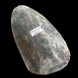 Puede incluir: Un artefacto de piedra gris y alargado con un extremo redondeado. La superficie tiene un aspecto texturizado con vetas de gris más oscuro y verde. Una etiqueta blanca con el texto "NEW CALEDONIA" y el número "6121:5" está adherida a la piedra.