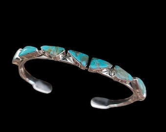 Navajo Cuff Bracelet in Sterling Silver & Turquoise – Signed Sadie Jim – Geometric Design