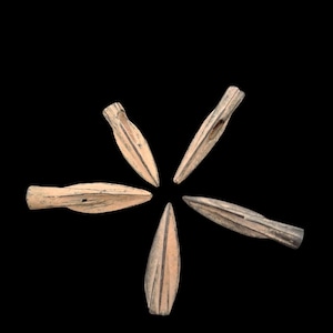 Puede incluir: Seis puntas de flecha antiguas, de color marrón claro, dispuestas en un patrón circular sobre un fondo negro. Cada punta de flecha tiene una punta afilada y una base dentada. Las puntas de flecha tienen líneas marrones oscuras.