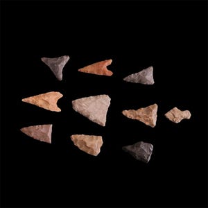 May include: A collection of ancient arrowheads in various shapes and colors, including gray, tan, and reddish-brown. The arrowheads are arranged against a black background, showcasing their unique forms and textures. These artifacts represent a historical collection.