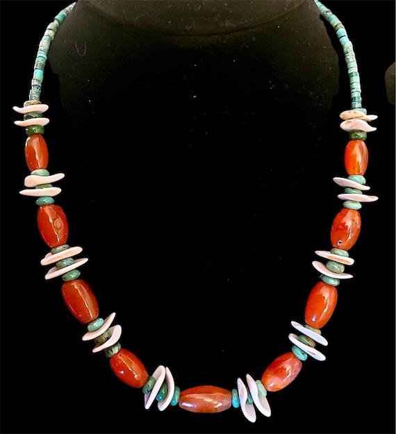 Native American Necklace – Turquoise, Shell Amber – Zuni