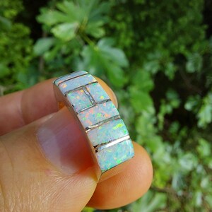 May include: A close-up of a ring featuring a rectangular design with iridescent opal stones. The ring has a silver band and is held against a backdrop of green foliage. The opal stones display a range of colors.