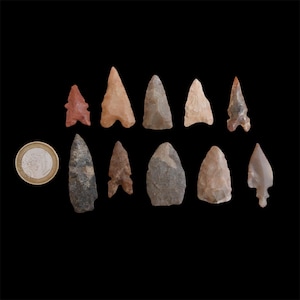 May include: A collection of ten ancient arrowheads in various shapes and colors, including tan, gray, and reddish-brown. A Euro coin is included for size comparison. The arrowheads are arranged on a black background.